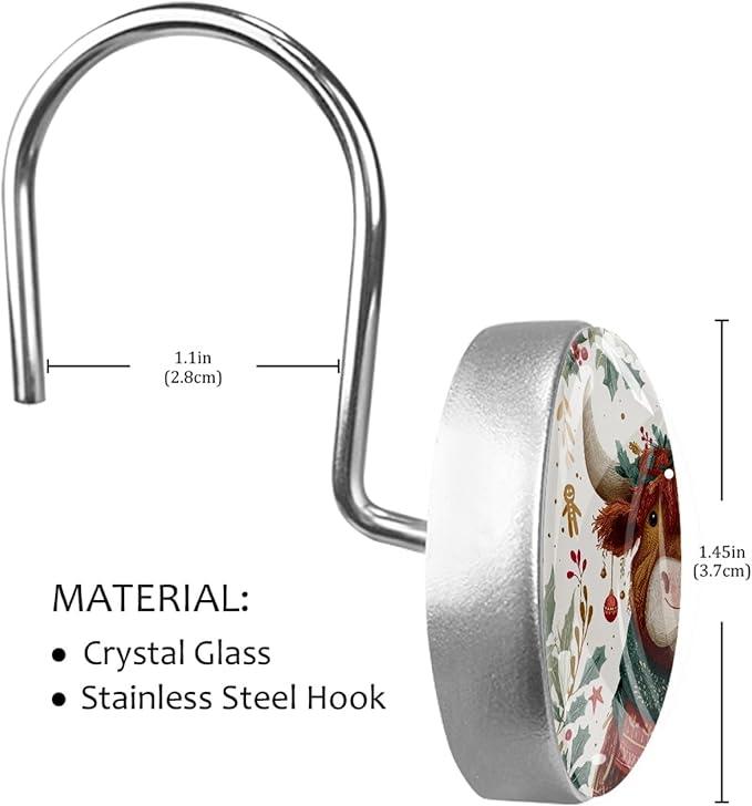 Highland Cows and Leaves Rust Proof Shower Curtain Hooks 12Pcs for Bathroom Shower Rod, Decorative Shower Hooks Shower Curtain Hanger Rings Roller, Glass, Resin, Stainless Steel - ModernBath