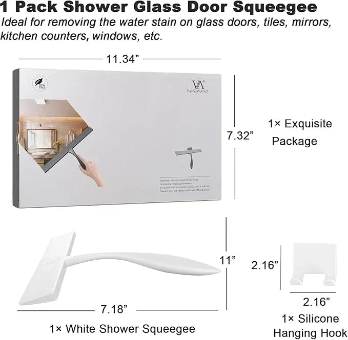 Shower Squeegee for Glass Doors, 11-Inch Silicone Squeegee with Non-Slip Handle and Adhesive Hook for Bathroom, Mirror, Tile, Car Window (White) - ModernBath