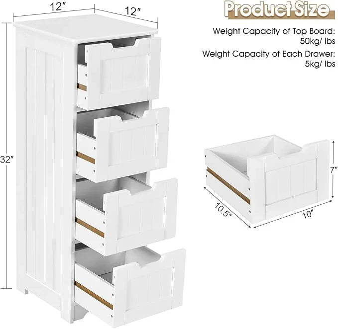 LOKO Floor Storage Cabinet with 4 Drawers, Bathroom Cabinet with Anti-toppling Device, Multifunctional Floor Cabinet for Bathroom, Living Room, Kitchen, 12 x 12 x 32 inches (White) - ModernBath