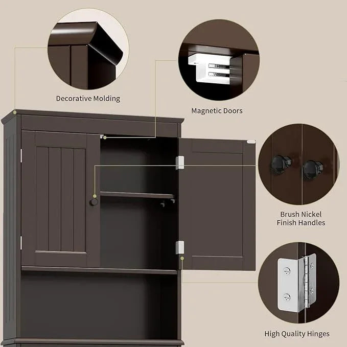 Gizoon Over The Toilet Storage Cabinet with Adjustable Shelf and Double Doors, Bathroom Space Saver Organizer Above Toilet with Open Shelf, Taller Wooden Free Standing Toilet Rack -Espresso - ModernBath