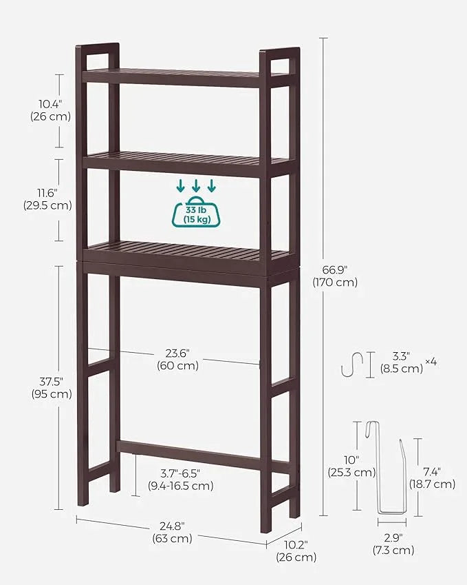 SONGMICS Over The Toilet Storage, 3-Tier Over Toilet Bathroom Organizer with Adjustable Shelf, 10.2 x 24.8 x 66.9 Inches, Space-Saving, Brown UBTS01BR - ModernBath