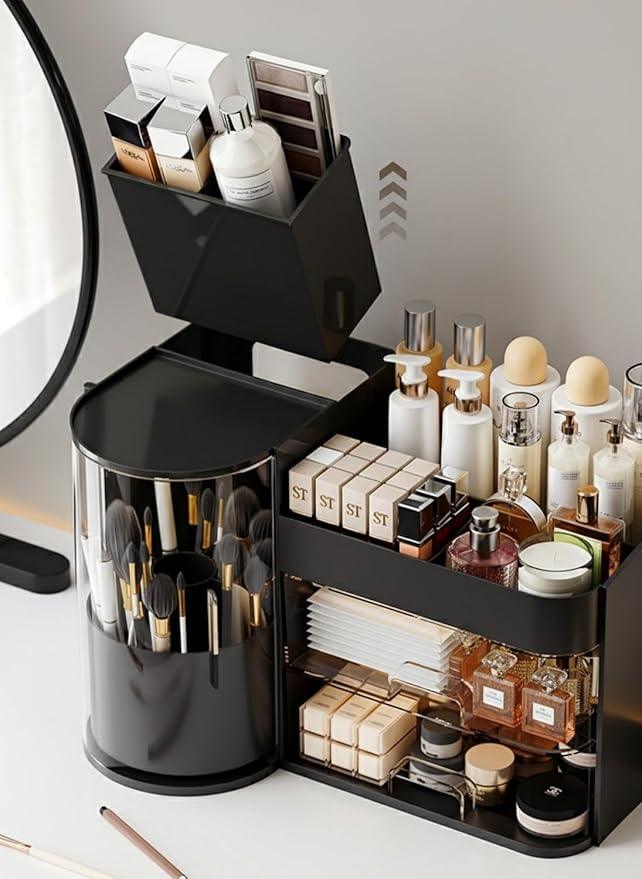 Makeup Organizer with Rotating Brush Holder Cosmetic Organizer with Drawers Countertop Skincare Organizer for Vanity,Cosmetic Display Case Storage (Black, Large) - ModernBath