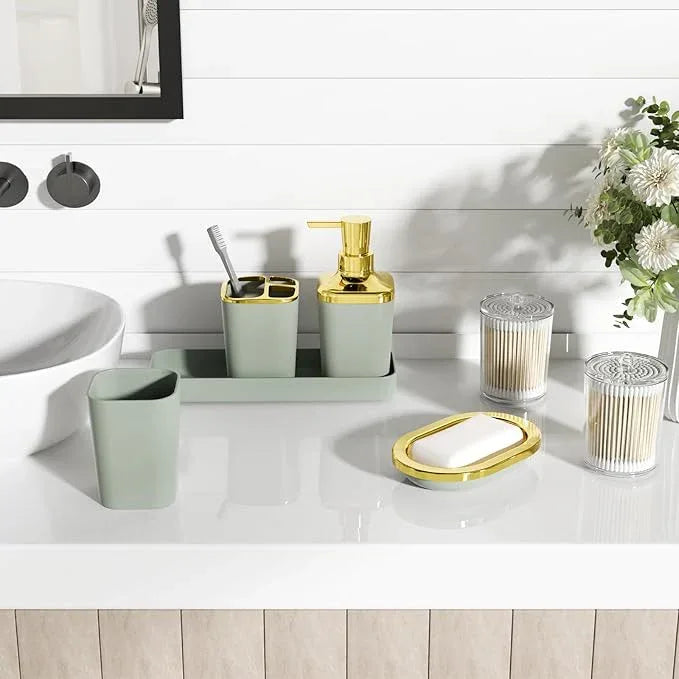 XLHOMO Bathroom Set - Sage Green Bathroom Accessories Set, Bathroom Sets with Shower Curtain and Rugs, Sage Green Shower Curtain Set with Bathroom Trash Can, Soap Dispenser, Soap Dish for Home Decor - ModernBath