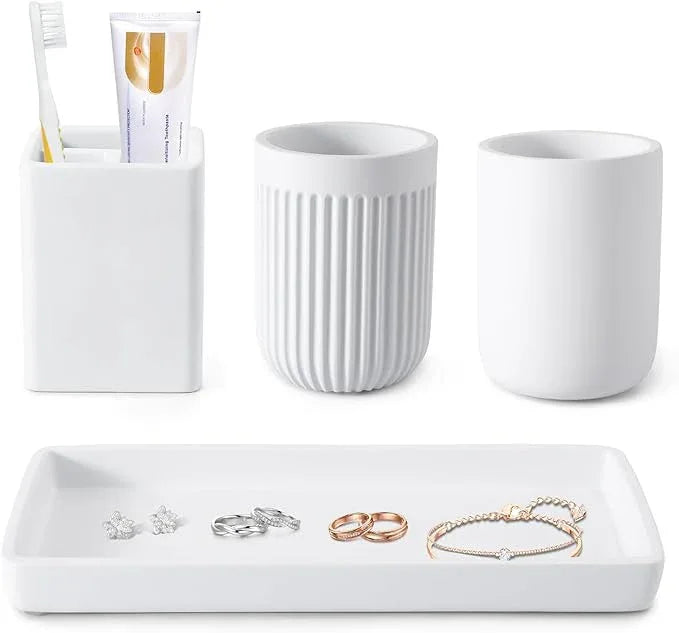 Resin Bathroom Toothbrush Cups Set with Holder and Tray, 4 Pcs Matte White Bathroom Accessories Set Counter Organizer for Sink Home Decor - ModernBath