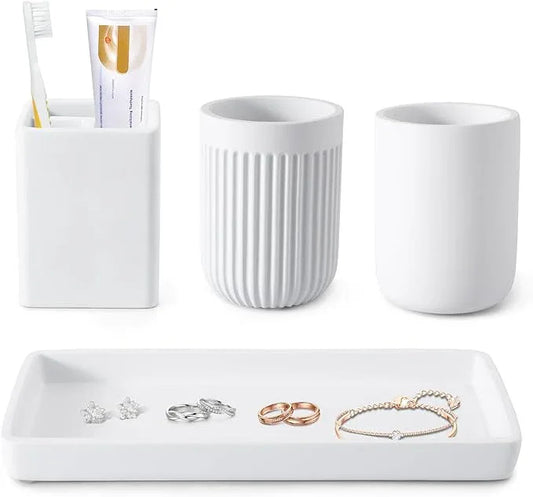 Resin Bathroom Toothbrush Cups Set with Holder and Tray, 4 Pcs Matte White Bathroom Accessories Set Counter Organizer for Sink Home Decor - ModernBath