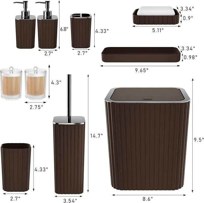 XLHOMO Bathroom Accessories Set - Gorgeous Bathroom Set, 10PC Brown Bathroom Accessories, Bathroom Accessory Set, Toilet Brush, Trash Can, Qtip Holder Dispenser & Soap Dispenser - ModernBath