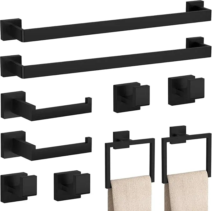 10-Piece Matte Black Bathroom Hardware Accessories Set Including 23.6 Inch Bath Towel Bar, Towel Rings, Bath Toilet Paper Holders, Robe Towel Hooks Set for Bathroom Stainless Steel Wall Mounted - ModernBath