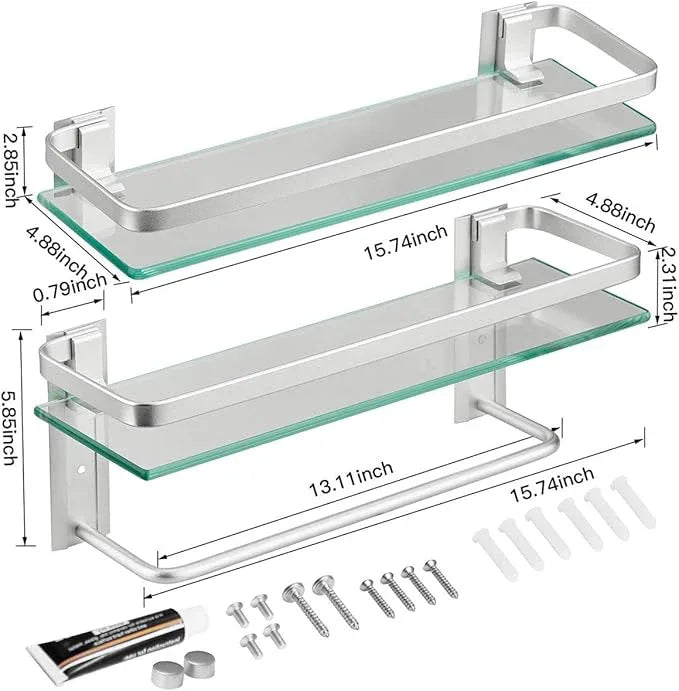VOLPONE Glass Bathroom Shelf 15.7in Bathroom Shelf Wall Mounted Floating Glass Shelves with Towel Holder Glass Shelf for Bathroom 2 Tier (Sliver) - ModernBath