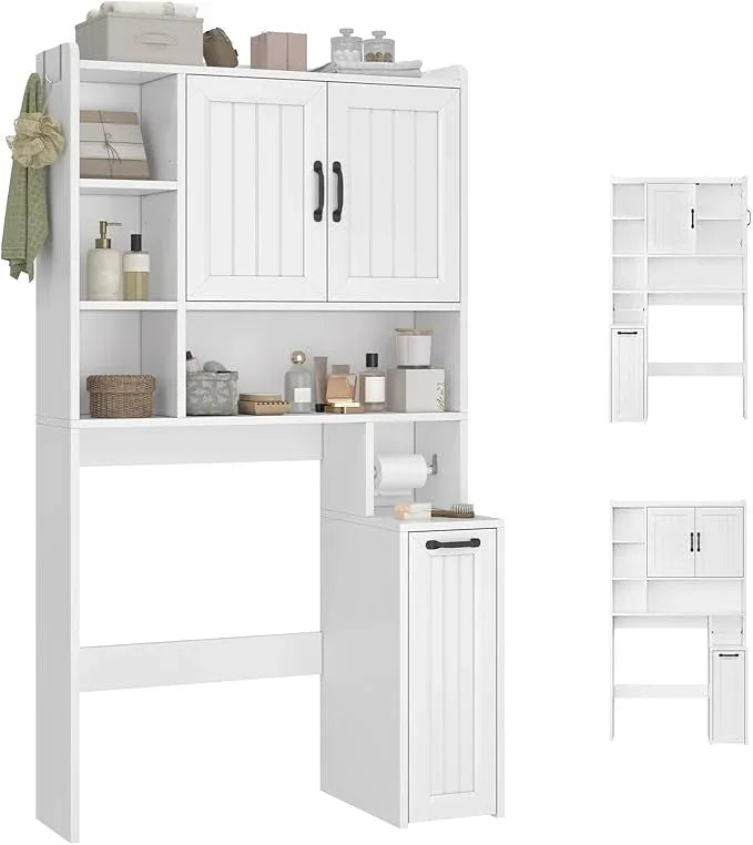 Over The Toilet Storage Cabinet with Pulley Small Bathroom Storage Cabinet, Space Saver W/Adjustable Shelf & Open Shelf for Bathroom, Restroom, Laundry (White-Type A) - ModernBath