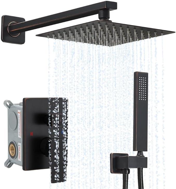 Oil Rubbed Bronze Shower System YCAIKOI Wall Mount Shower Faucet Set for Bathroom 10 Inch High Pressure Luxury Shower Head with Handheld, Rough-in Valve Body and Trim Included - ModernBath