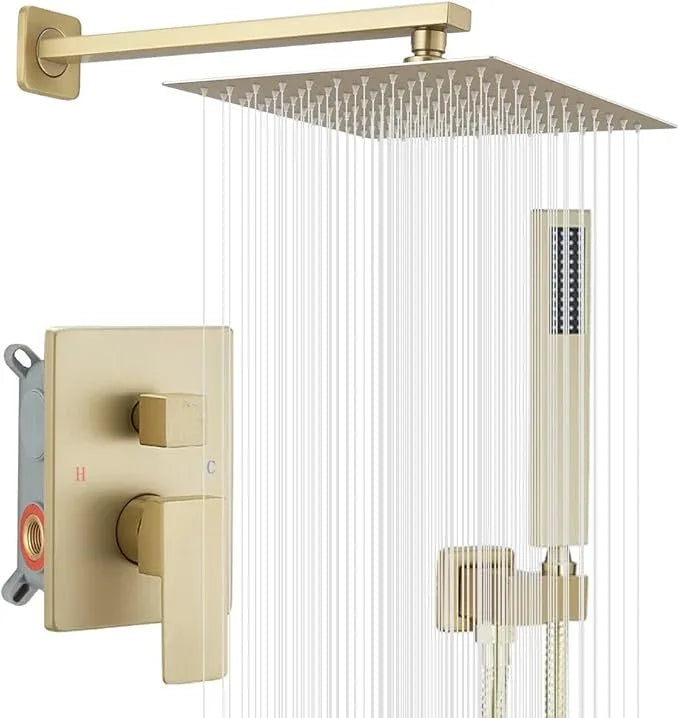 JingGang Brushed Gold Shower System 10 Inch Bathroom Luxury Rain Mixer Shower Combo Set Wall Mounted Rainfall Shower Head and Handheld System Shower Faucet Rough-in Valve Body and Trim Kit - ModernBath