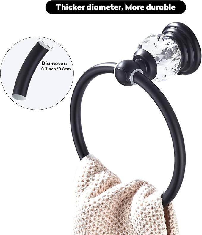 WINCASE Crystal Towel Ring, Black Hand Towel Holder, Bathroom Round Towel Hanger Racks Wall Mount Matte Black - ModernBath