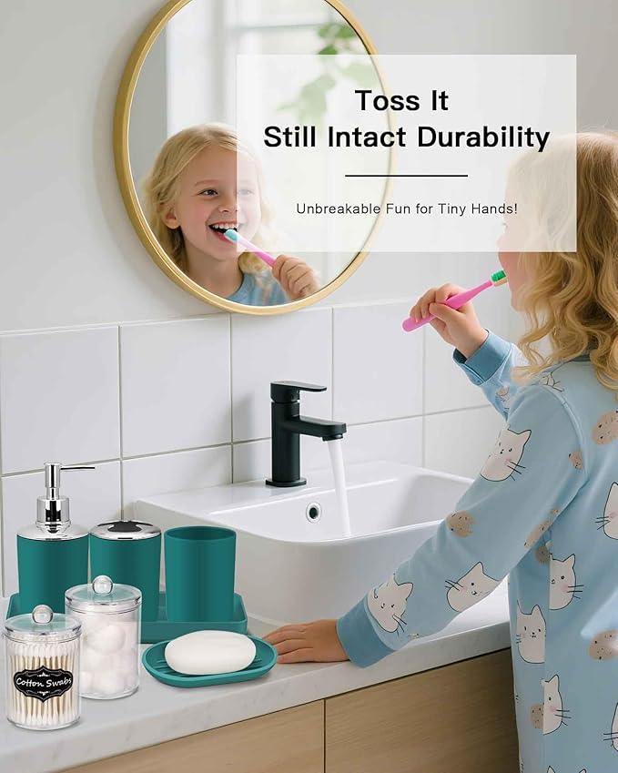 IMAVO Bathroom Accessories Set,Peacock Green Bathroom Set,9 Pieces Bathroom Accessory Set,Tray,Qtip Holders,Toilet Brush,Trash Can for Bathroom Décor and Home Gifts - ModernBath