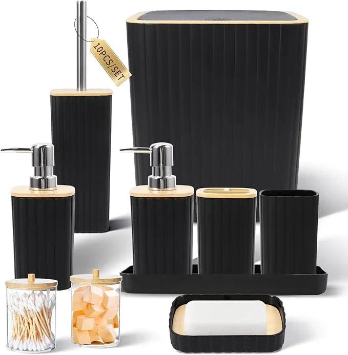 XLHOMO Bathroom Accessories Set - Elegant Black Bathroom Set, 10PC Bathroom Accessory Set, Toilet Brush, Trash Can, Qtip Holder Dispenser & Soap Dispenser - ModernBath