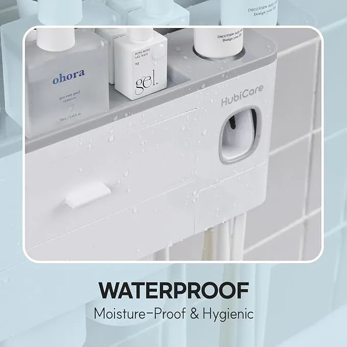 HubiCare Toothbrush Holder with Toothpaste Dispenser Wall Mounted for Bathroom, Automatic Toothpaste Squeezer, Bathroom Organization and Storage, 5 Toothbrush Slots (3 Cups) - ModernBath