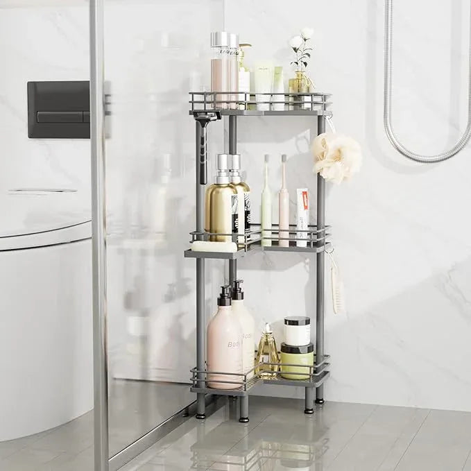 Consumest Corner Shower Caddy Standing - 3-Tier Stainless Steel Shower Organizer with Soap Holder and 4 Hooks, Large Capacity Corner Shelf Stand for Bathroom, Rest Room, Grey - ModernBath