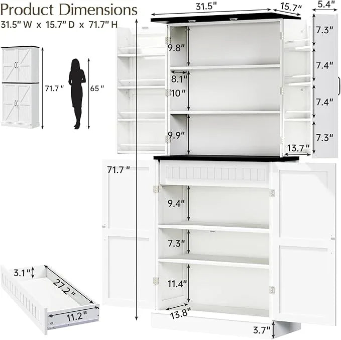 72" Tall Storage Cabinet, White Farmhouse Pantry Cabinet, 31.5" Wide Freestanding Storage Cabinet with 4 Adjustable Shelves, Hidden Drawer & Rustic Wood Finish for Kitchen, Dining Room, or Entryway - ModernBath