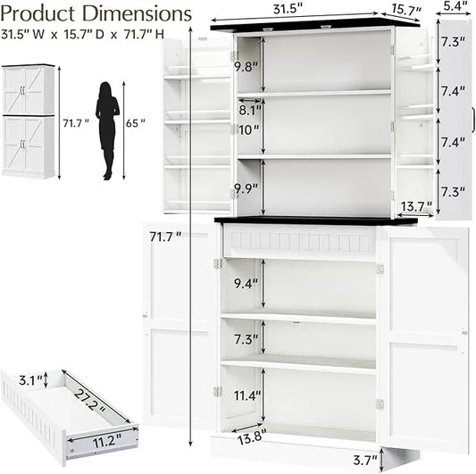 72" Tall Storage Cabinet, White Farmhouse Pantry Cabinet, 31.5" Wide Freestanding Storage Cabinet with 4 Adjustable Shelves, Hidden Drawer & Rustic Wood Finish for Kitchen, Dining Room, or Entryway - ModernBath