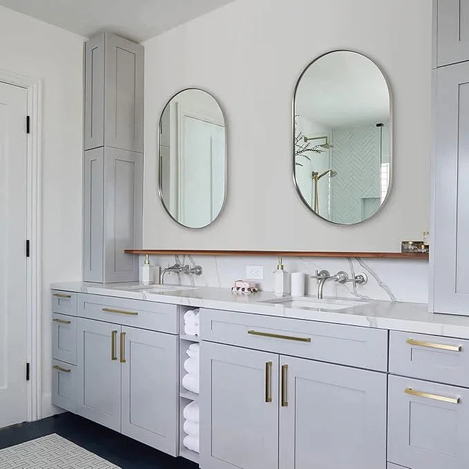 ANDY STAR 26x38’’ Brushed Nickel Oval Bathroom Mirror, Pill-Shaped Nickel Mirror Metal Framed, Stainless Steel Anti-Rust, Wall-Mounted Vertical/Horizontal - ModernBath