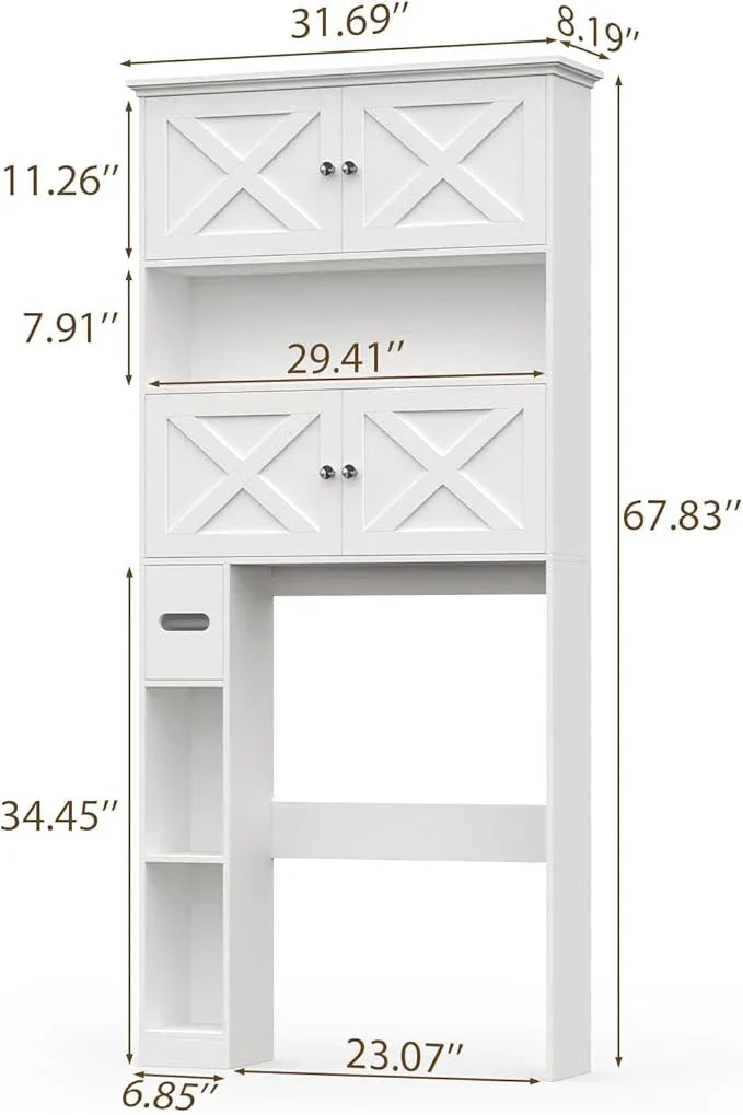 Over The Toilet Storage Cabinet, Farmhouse Storage Cabinet Over Toilet with 4 Barn Doors & Toilet Paper Holder Stand, White Toilet Shelf Home Space Saver for Restroom, Bathroom, Laundry - ModernBath