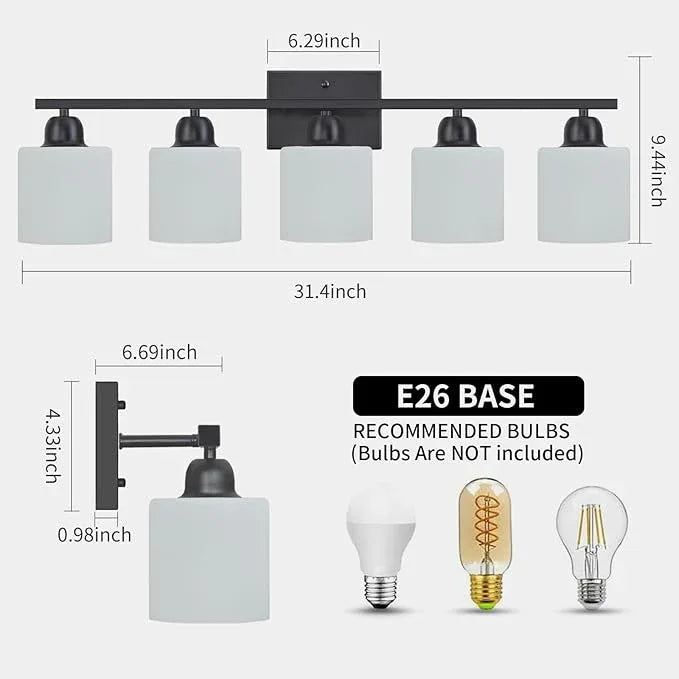 5-Light Black Bathroom Vanity Light, Black Vanity Light with Milky White Frosted Glass Shades, Modern Vanity Light Fixture for Bathroom Mirror, Bedroom, Living Room, Hallway, Vanity Table, E26 Base - ModernBath