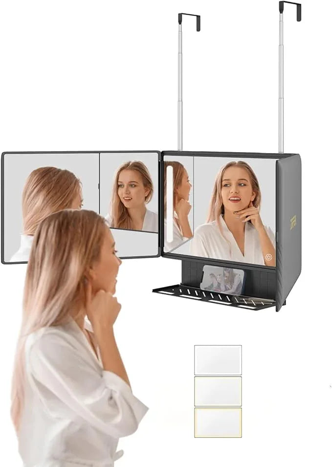Dripex 3 Way Mirror with Storage Shelf and 3 Color LED Lights, Rechargeable Trifold Self Haircut 360° Mirror with Height Adjustable Hooks for Makeup, Styling, Shaving, Braiding, Dye Hair (Black) - ModernBath
