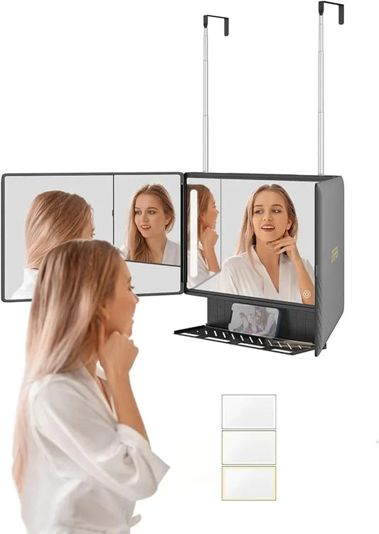Dripex 3 Way Mirror with Storage Shelf and 3 Color LED Lights, Rechargeable Trifold Self Haircut 360° Mirror with Height Adjustable Hooks for Makeup, Styling, Shaving, Braiding, Dye Hair (Black) - ModernBath