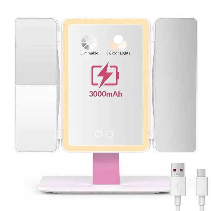 EASEHOLD Foldable Tri-Fold Lighted Makeup Vanity Mirror with 60 LED Lights, 1X/2X/3X Magnification, Touch Control Dimming, 3000mah Rechargeable, 360° Rotation, Portable Travel Folding Compact Mirror - ModernBath
