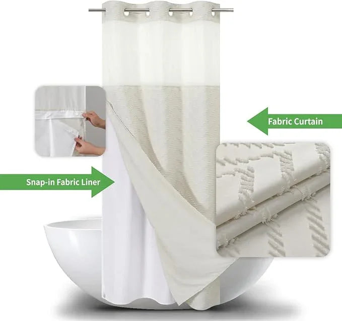 eachope No Hook Boho Farmhouse Shower Curtain with Snap-in Fabric Liner set-36Wx74H(72H),Cream Tufted Chevron Striped Hotel Grade Cloth Shower Curtains for Bathroom with Window,Water Repellent - ModernBath