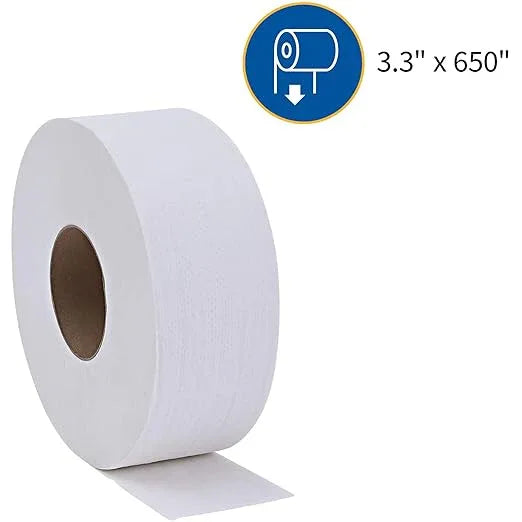 Genuine Joe Jumbo Roll Bath Tissue - 2-Ply White Toilet Paper, 3.3" x 650' per Roll, 12 Count Bulk Pack, Recycled Fiber, Commercial Grade for Dispensers - ModernBath