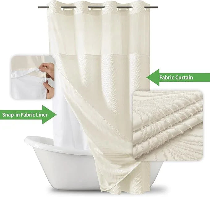 eachope stall no Hook Tufted Shower Curtain with snap in Liner Set, White Waterproof Fabric Inner Liner,Boho Style Shower Curtain with See Through top Window, Cream, 54Wx80H - ModernBath