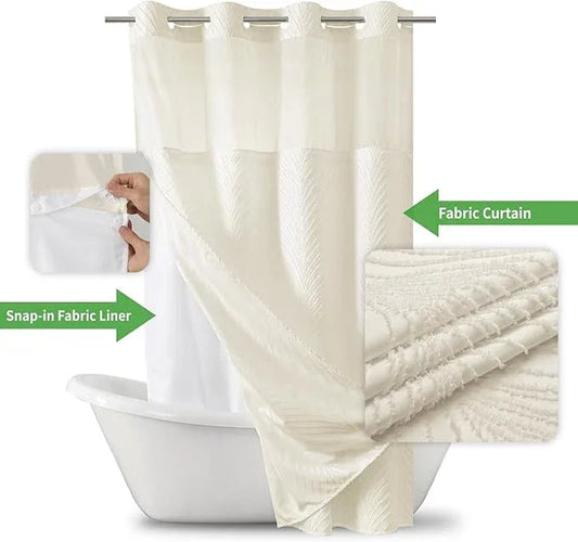 eachope stall no Hook Tufted Shower Curtain with snap in Liner Set, White Waterproof Fabric Inner Liner,Boho Style Shower Curtain with See Through top Window, Cream, 54Wx80H - ModernBath