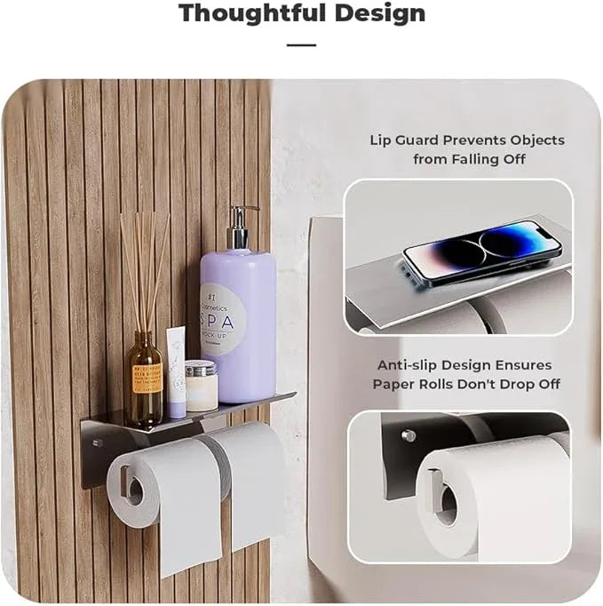 Double Toilet Paper Holder with Shelf, FreshGlow Large Tissue Holder Brushed Nickel, Wall Mount Commercial Toilet Paper Dispenser Phone Shelf Stainless Steel, Tissue Roll for Bathroom - ModernBath