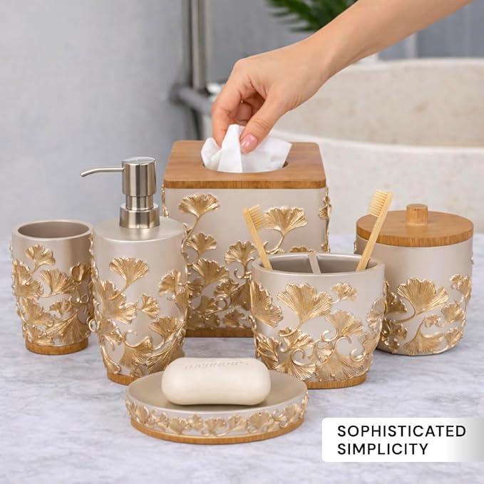 Decozen Bathroom Accessories Set 6Pcs – Soap Dispenser, Toothbrush Holder, Tumbler, Soap Dish & Cotton Swab Jar – Modern Bathroom Decor, Bath Set for Christmas Decor, Valencia - ModernBath