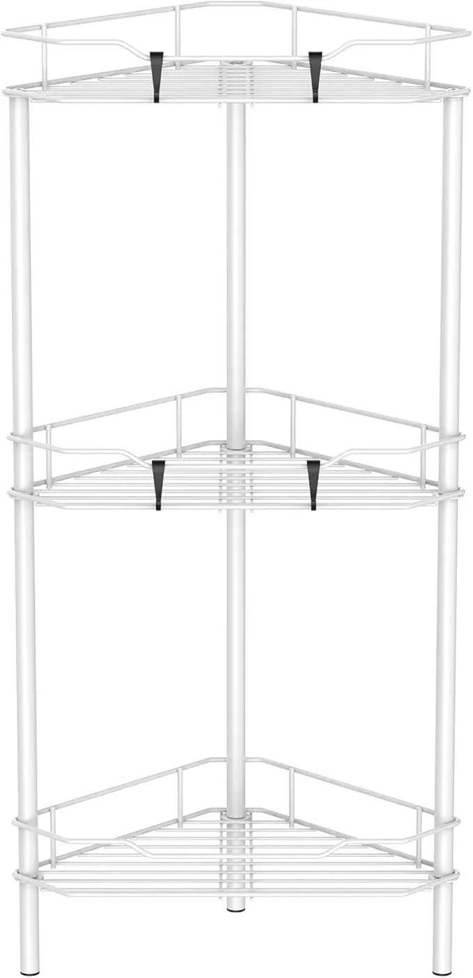 3 Tier Floor Standing Corner Shower Caddy Organizer Shelf with Hooks, Bathroom Shelves Stand Rack, White - ModernBath
