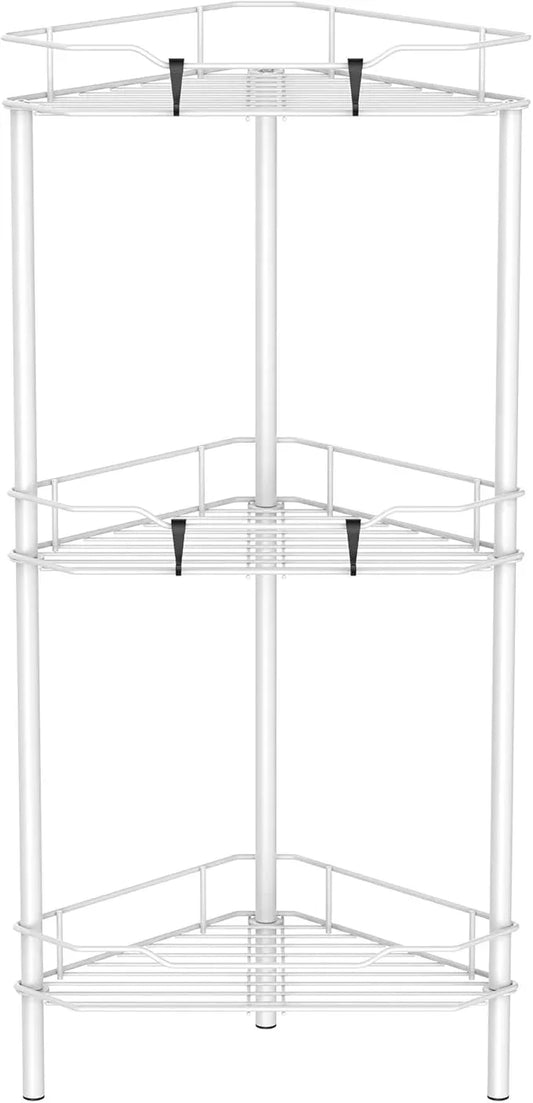 3 Tier Floor Standing Corner Shower Caddy Organizer Shelf with Hooks, Bathroom Shelves Stand Rack, White - ModernBath