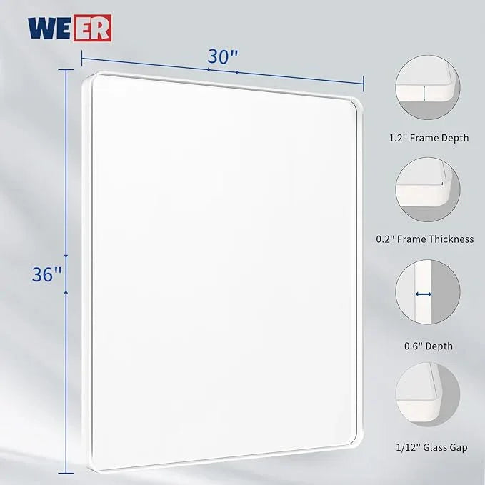 WEER White Bathroom Mirror 36X30 Inch, Rounded Rectangle White Metal Frame Mirror, Matte White Bathroom Vanity Mirror with Tempered Glass, Anti-Rust, Hangs Horizontally or Vertically - ModernBath