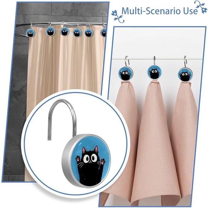 12 Packs Black Happy Cat Shower Curtain Hooks, Stainless Steel Glass Shower Curtain Rings for Bathroom, Rustproof Metal Curtain Rod Hooks - ModernBath