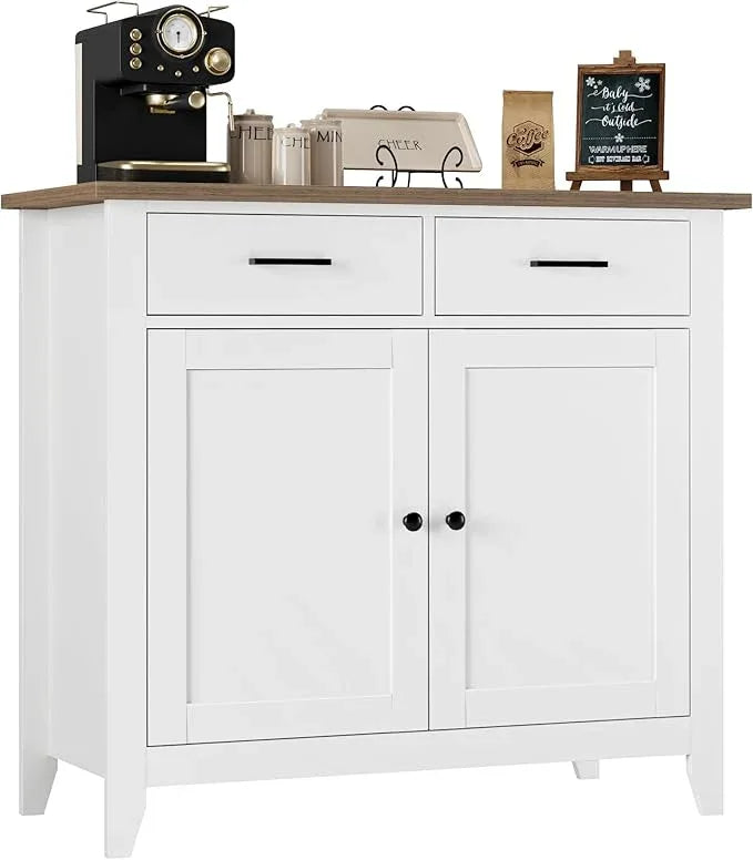 HORSTORS Kitchen Storage Cabinet, Modern Farmhouse Buffet Cabinet with Storage, Coffee Bar with 2 Drawers and 2 Doors, Floor Sideboard Buffet for Living Room, Dining Room, Bathroom, Ivory White - ModernBath