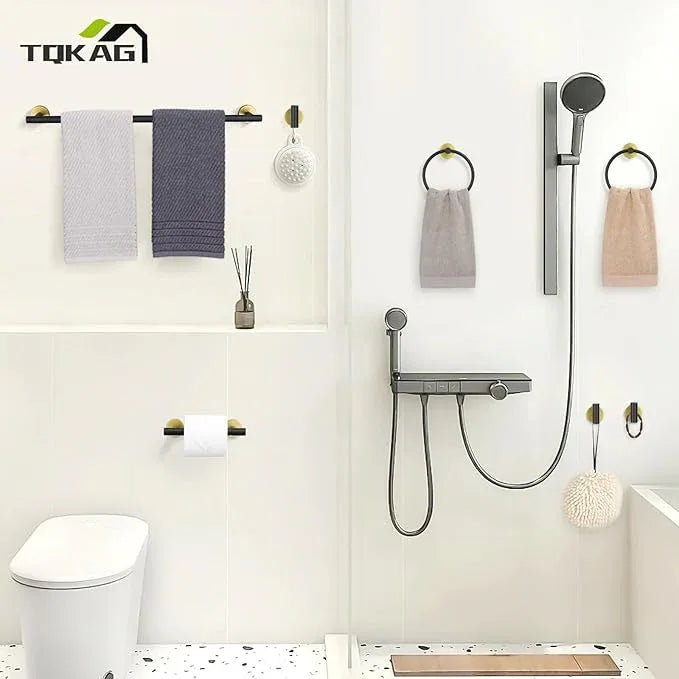TQKAG 8-Pieces Bathroom Hardware Set Black and Gold SUS304 Stainless Steel Bath Towel Bar Set 23.6 Inch Round Bathroom Accessories Kit Wall Mounted - ModernBath