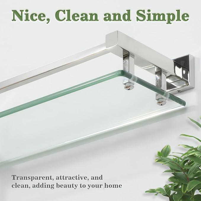 Alise Bathroom Glass Shelf with Stainless Steel Railing, Polished Chrome Small Tempered Glass Floating Wall Shelf Over The Toilet, 16 inch - ModernBath