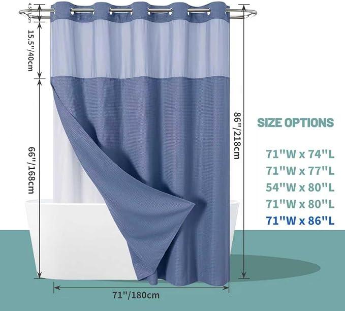 eachope MoonLightBlue Extra Long No Hook Waffle Weave Shower Curtain with snap-in Liner Replacement, 230GSM Waterproof Fabric Hotel Shower Curtain Set for Bathroom, Through Mesh Top Window,71Wx86H - ModernBath