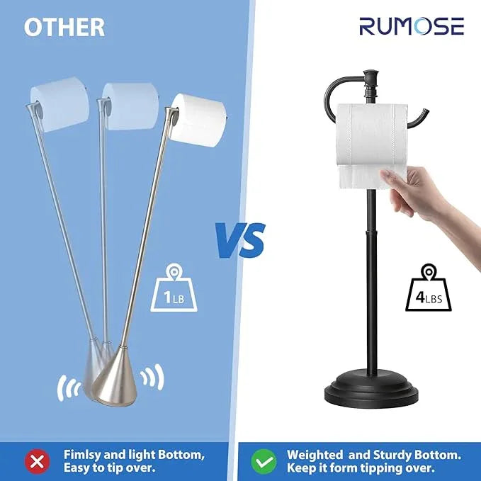 RUMOSE Toilet Paper Holder Stand for Floor,Matte Black Adjustable (12.4" to 22.8") Bathroom Toilet Tissue Holder, Free Standing Toilet Paper Roll Holder with Storage, Stainless Steel - ModernBath