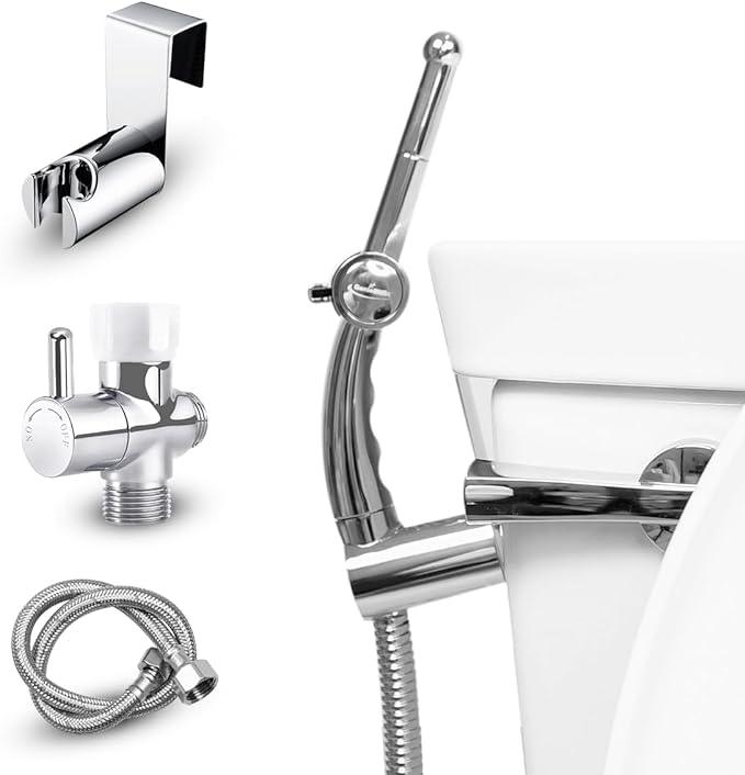 GenieBidet Sparkle Hand Held Bidet Sprayer - Includes Hybrid T Adapter & Stainless Steel Toilet Hose & Precision Knob/w Solid Brass Valve - ModernBath