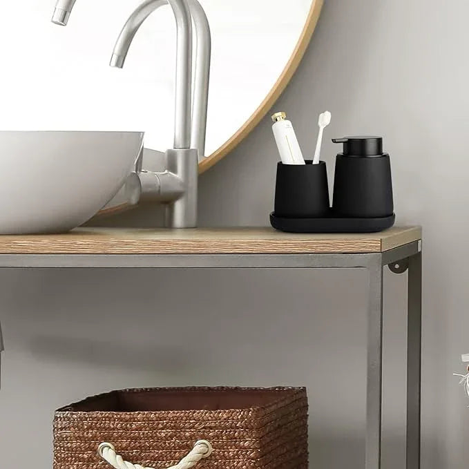Black Bathroom Accessories Set 3 pcs - Ceramic Foaming Bathroom Soap Dispenser Set Farmhouse Black Bathroom Decor, Foam Soap Dispenser and Toothbrush Holder/Tumbler Cup, Tray - ModernBath