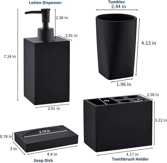 Jincrop 5-Piece Matte Black Bathroom Accessory Set - Modern Design Set with Soap Dispenser, 2 Tumbler Cups, Soap Dish & Toothbrush Holder - ModernBath