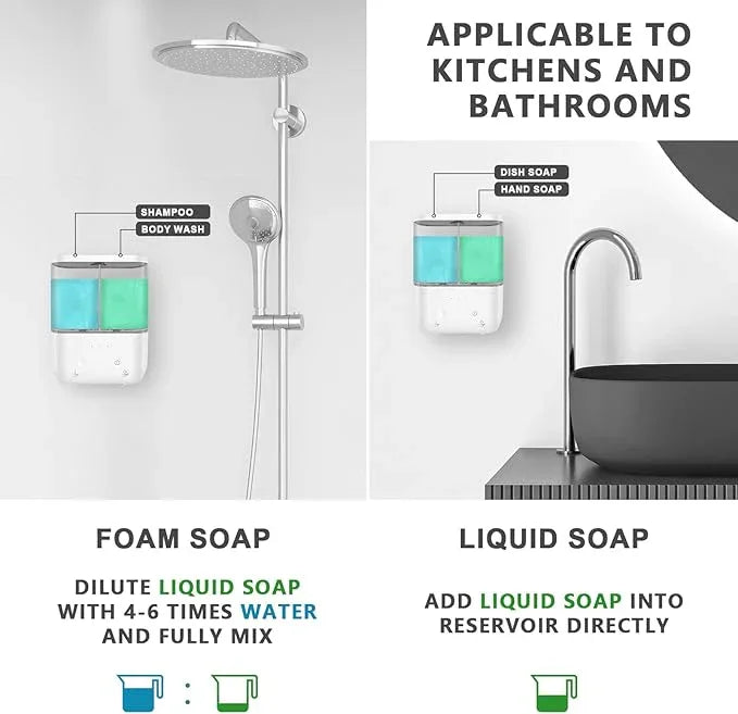 Double Automatic Soap and Shower Dispenser Wall Mount 2 Chambers Dispenser IPX5 for Bathroom No Drill (White - Liquid&Foam) - ModernBath