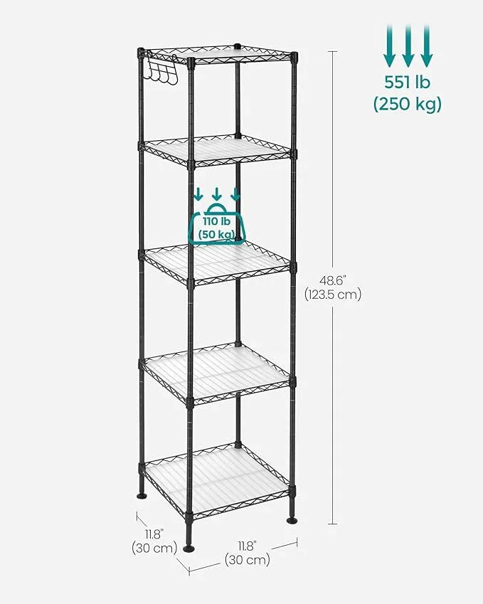 SONGMICS 5-Tier Bathroom Shelf, Storage Rack for Small Space, with 5 PP Shelf Liners, Removable Hook, Extendable Design, Ink Black and Translucent ULGR23BK - ModernBath