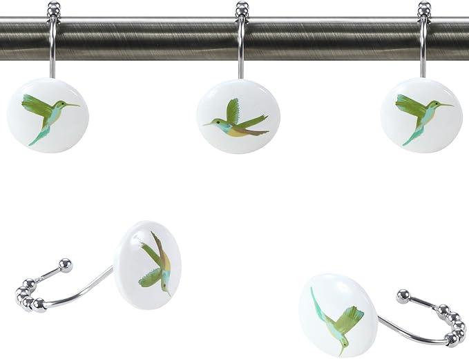 Flying Birds Shower Curtain Hooks, Rustproof Nature-Inspired Decorative Shower Hooks for Shower Curtain, 5-Roller Ring Balls Design Bathroom Shower Curtain Hooks, Set of 12 - ModernBath