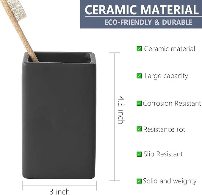 Black Square Toothbrush Holders for Bathrooms - 2 Cups Ceramic Square Toothbrush Toothpaste Holders Set, Bathroom Tumbler Cups Reusable Toothbrush Mouthwash Cup, Bathroom Counter Organizer. - ModernBath